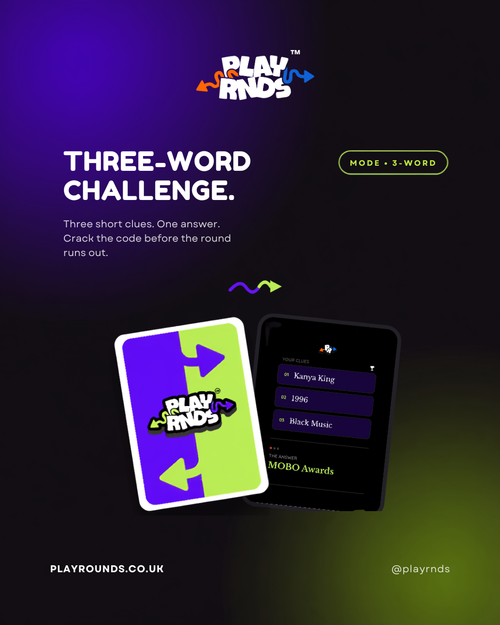 Promotional graphic for the PlayrNds 'Three-Word Challenge' game mode, showing a purple and lime green card, a smartphone displaying the app interface, and text on a dark gradient background.